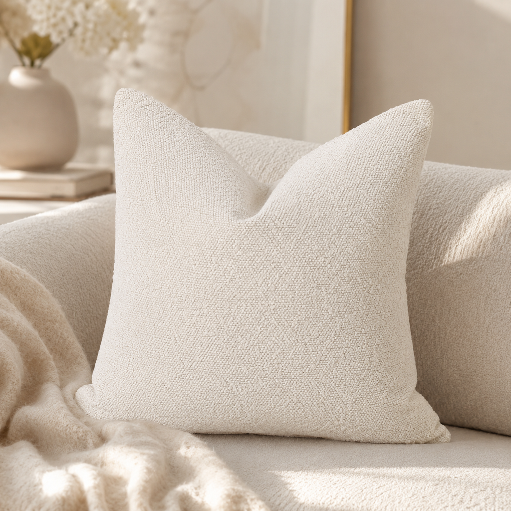 Cream textured throw pillow on luxury sofa with cozy blanket, perfect for modern living room decor