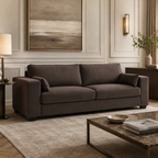 Luxury brown fabric sofa in elegant living room with modern decor and ambient lighting