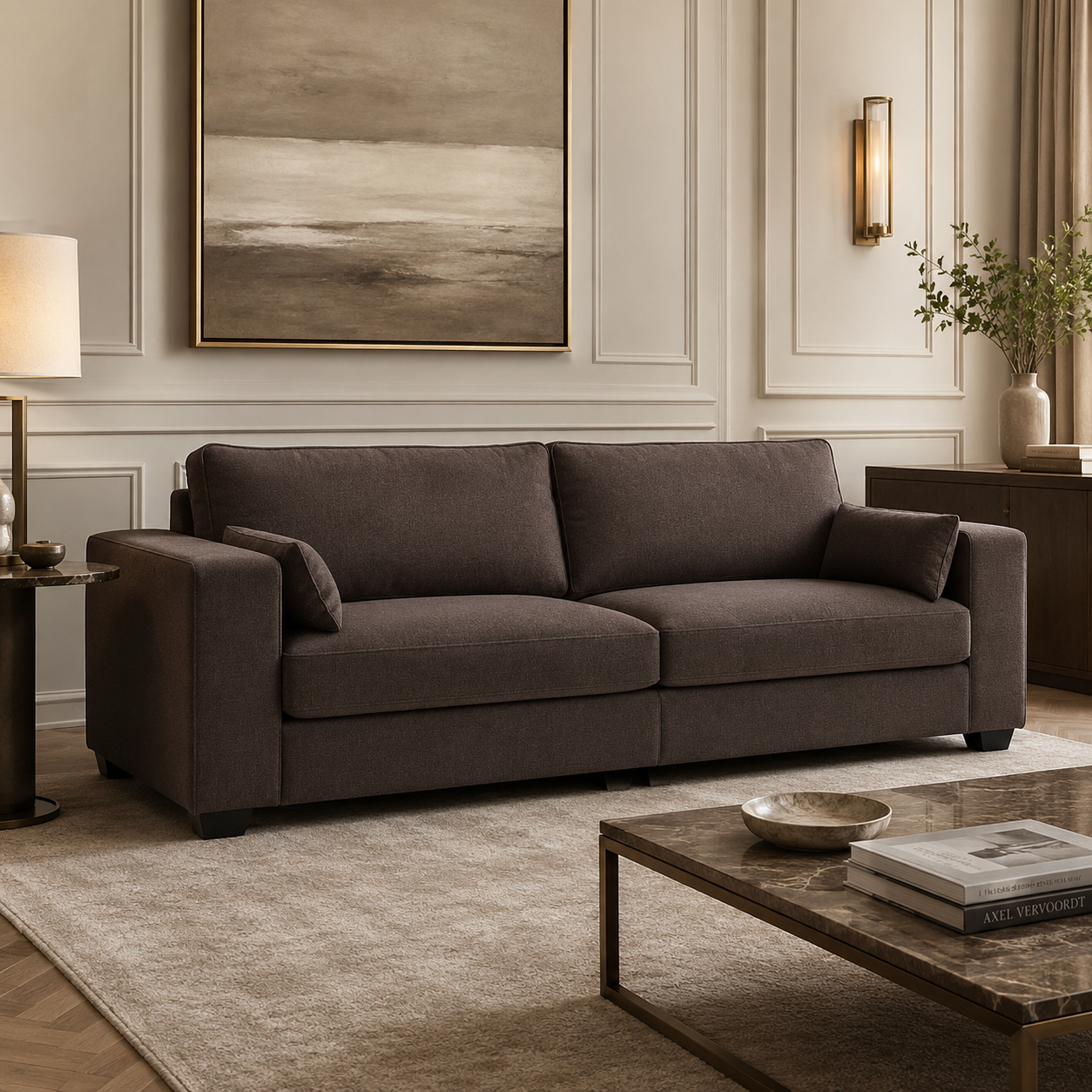 Luxury brown fabric sofa in elegant living room with modern decor and ambient lighting