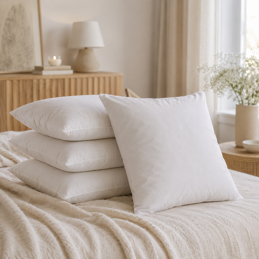 Soft white luxury bed pillows stacked on cozy textured bedding in a serene bedroom