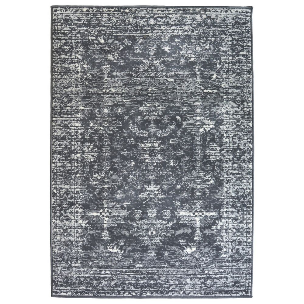 Grey vintage-style area rug with distressed pattern, ideal for living room or bedroom decor