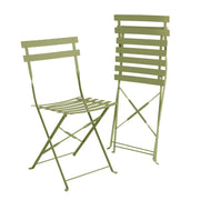 Olive green metal folding chairs with slatted design, ideal for outdoor or patio use.