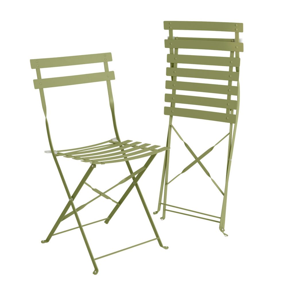 Olive green metal folding chairs with slatted design, ideal for outdoor or patio use.