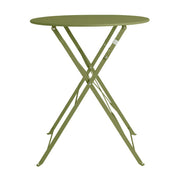 Olive green foldable metal bistro table with X-leg design, ideal for patio or balcony use