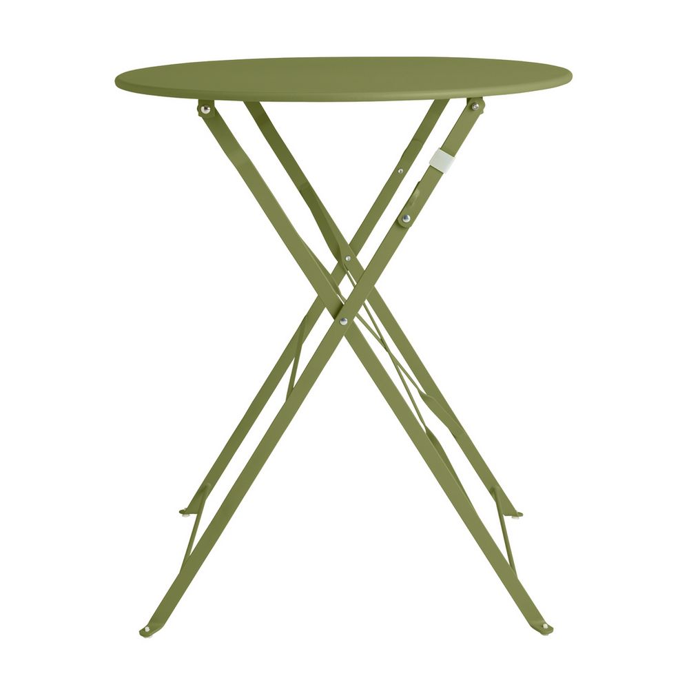 Olive green foldable metal bistro table with X-leg design, ideal for patio or balcony use