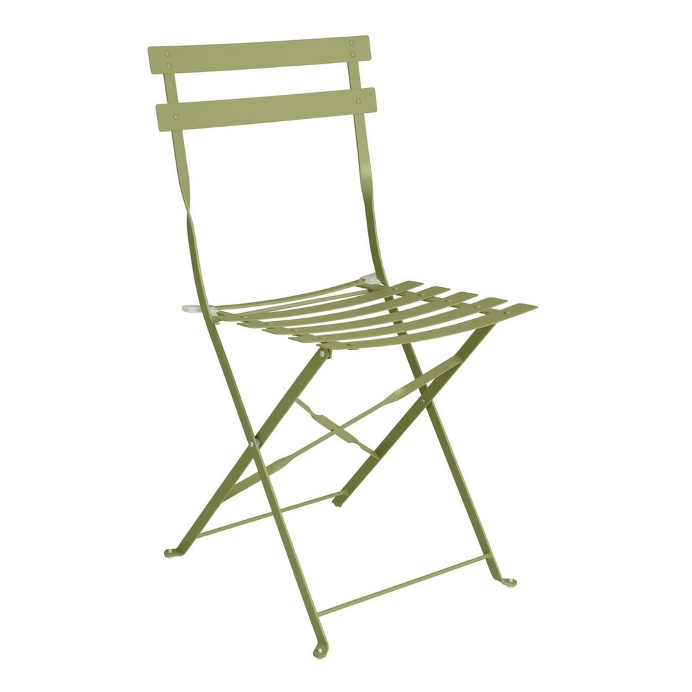Olive green metal folding chair with slatted seat and back, ideal for patio or garden use