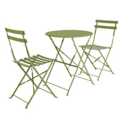 Olive green metal bistro set with round table and two folding chairs, perfect for patio or balcony