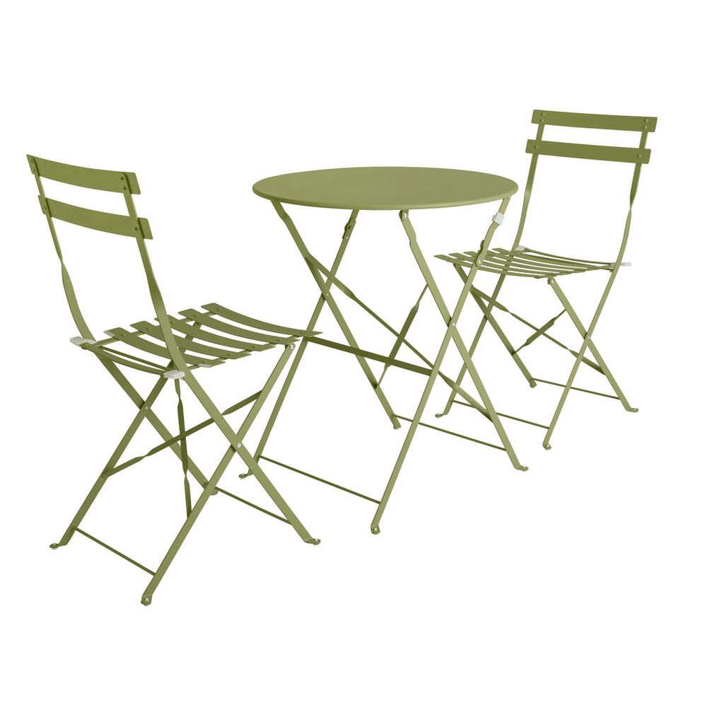 Olive green metal bistro set with round table and two folding chairs, perfect for patio or balcony