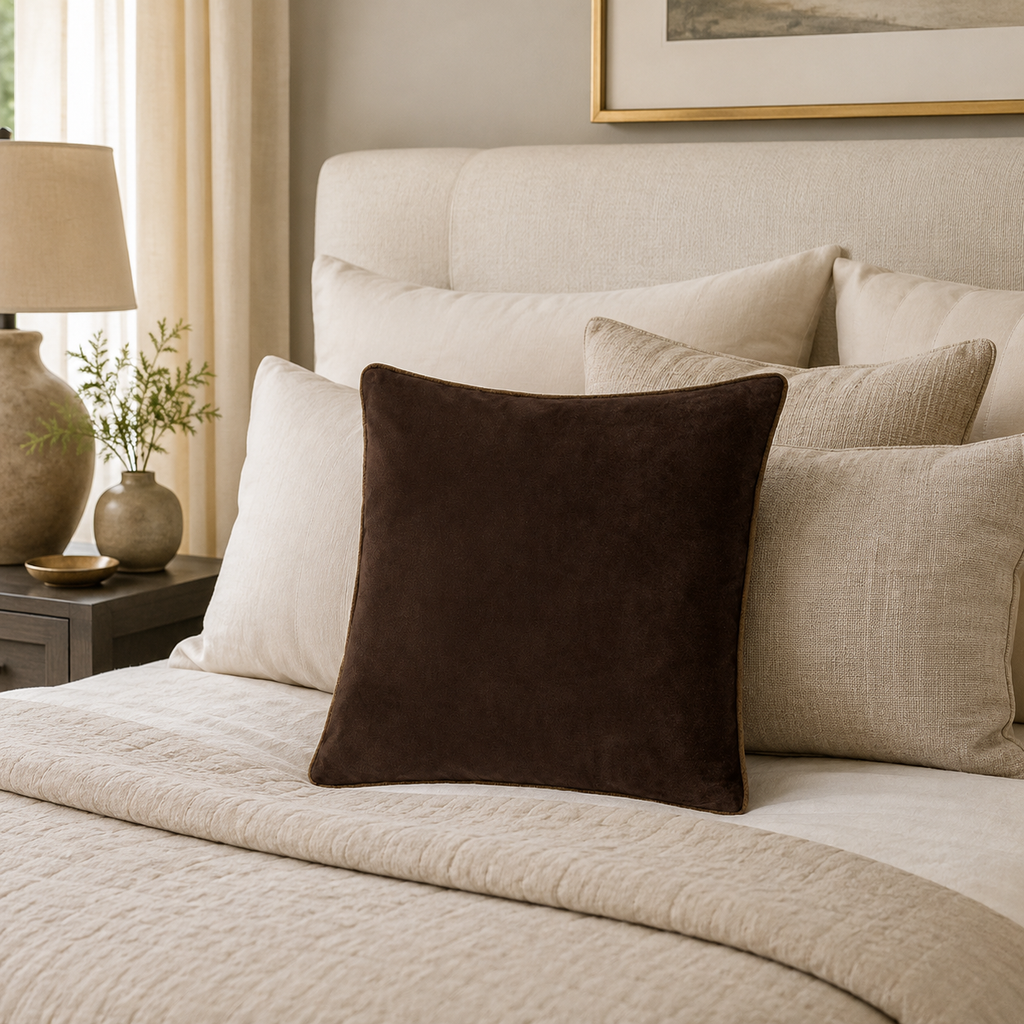 Luxury brown velvet throw pillow on a cozy bed with neutral bedding and bedside lamp