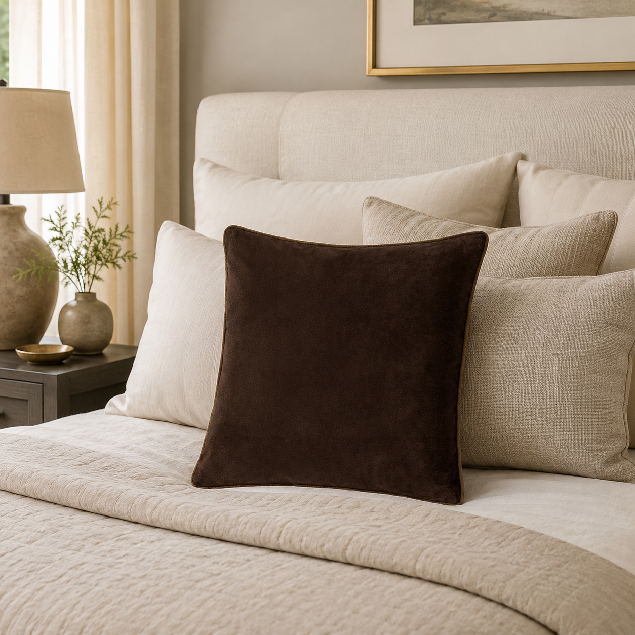 Luxury brown velvet throw pillow on a cozy bed with neutral bedding and bedside lamp