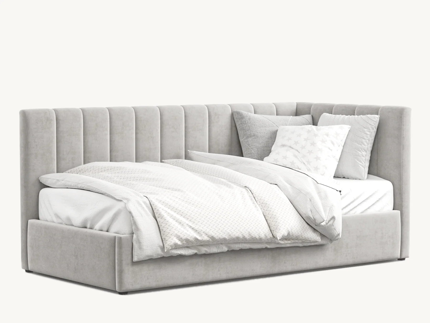 Luxury upholstered corner bed with vertical panel headboard, plush bedding and pillows