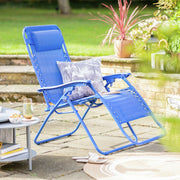 Blue outdoor recliner chair with palm print pillow on patio, perfect for garden relaxation