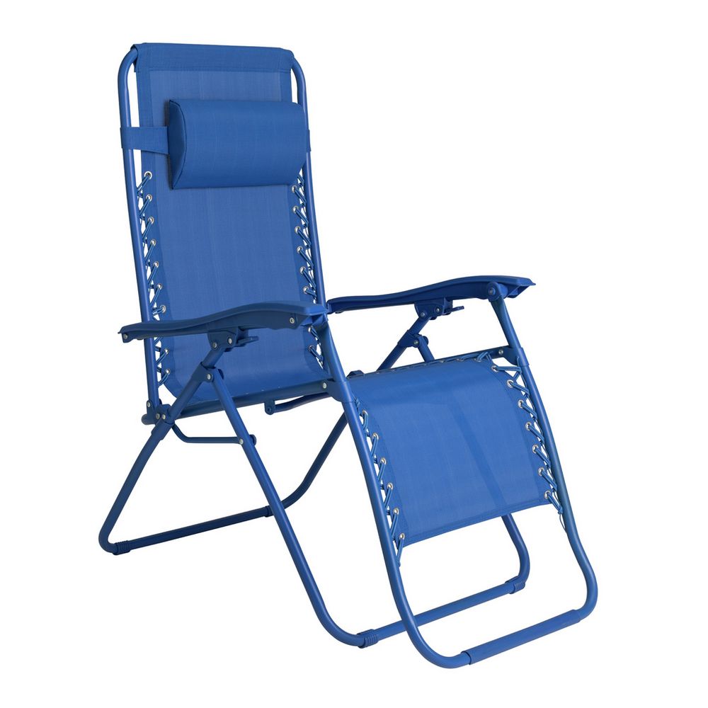 Blue outdoor reclining lounge chair with adjustable back and footrest, perfect for patio relaxation