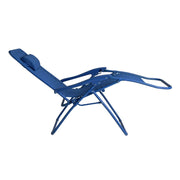 Blue foldable reclining lounge chair with headrest, ideal for patio or garden relaxation