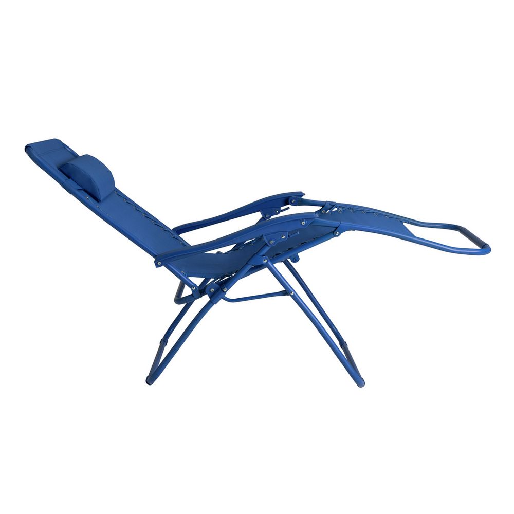Blue foldable reclining lounge chair with headrest, ideal for patio or garden relaxation