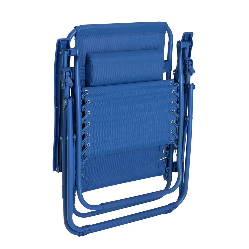 Blue foldable outdoor lounge chair with adjustable backrest and metal frame