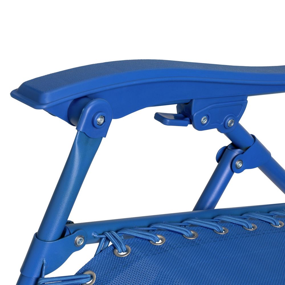 Blue folding chair with adjustable armrest and rope-laced seat, ideal for outdoor use