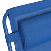 Blue outdoor folding chair with durable fabric and metal frame, ideal for patio or garden use.
