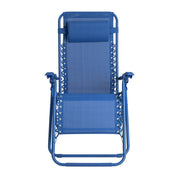 Blue outdoor recliner chair with adjustable back and armrests, perfect for garden or patio relaxation.