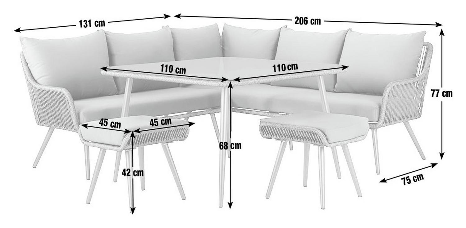 White wicker outdoor corner sofa set with table & ottomans, dimensions shown for patio furniture