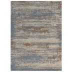 Abstract blue and beige area rug with distressed texture for modern living room decor