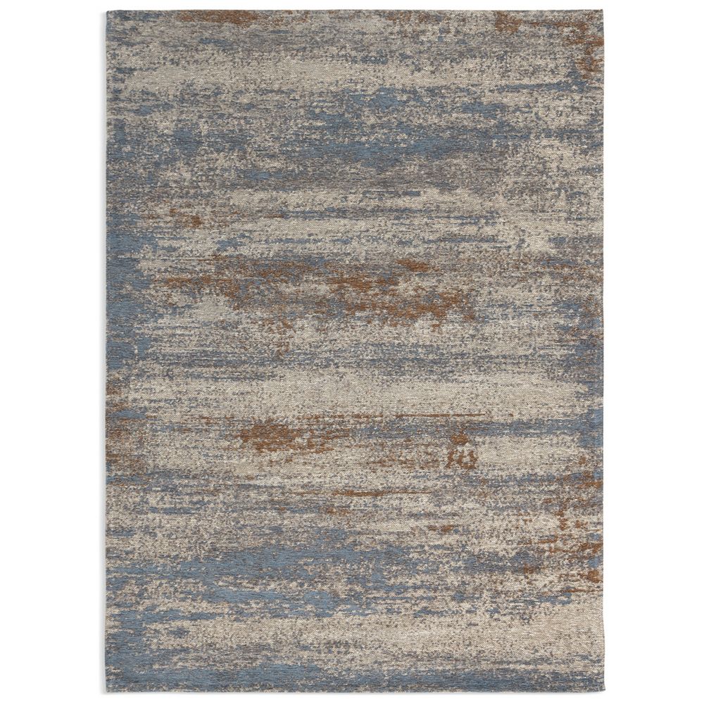 Abstract blue and beige area rug with distressed texture for modern living room decor
