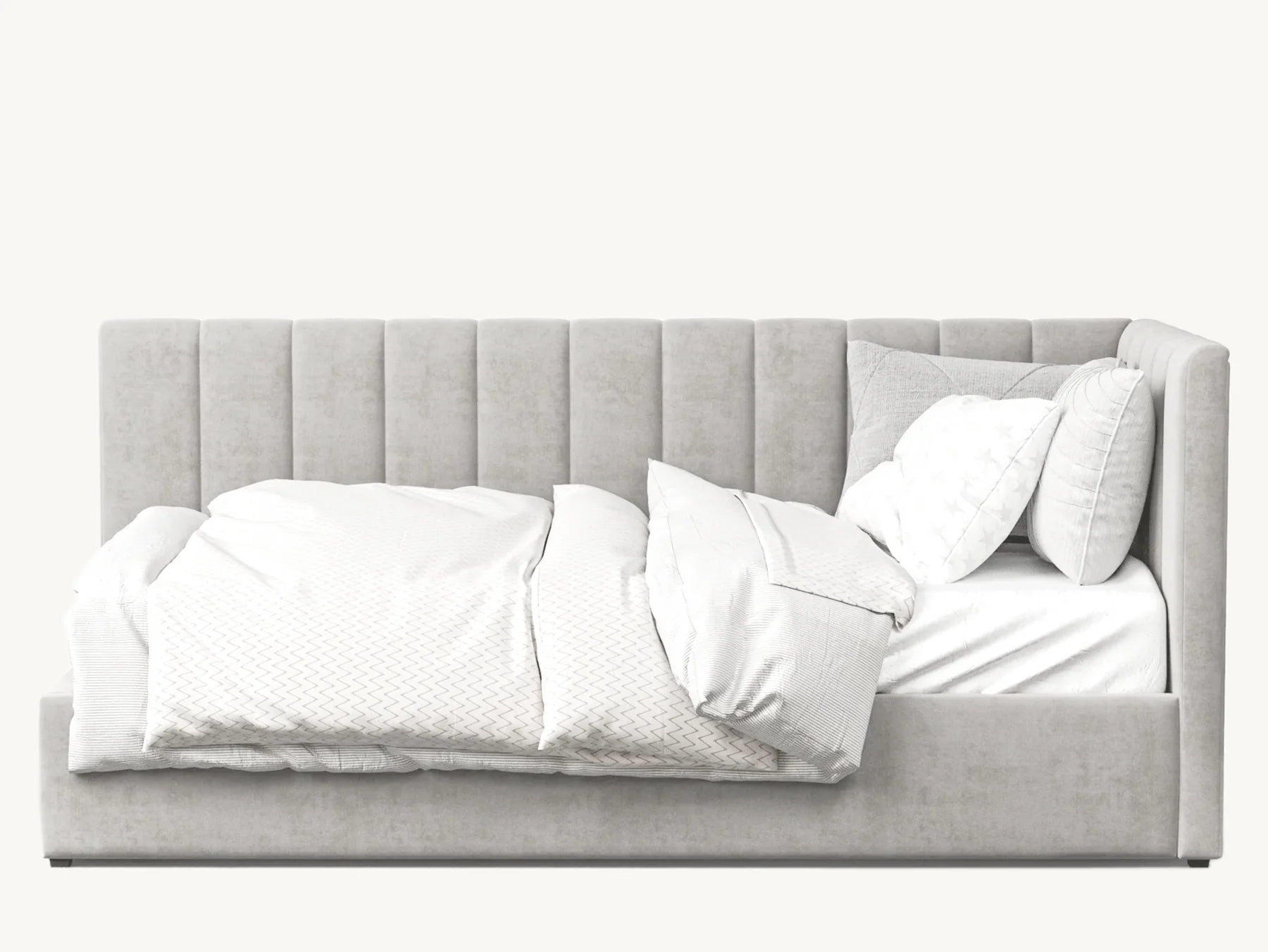 Modern grey upholstered bed with vertical panel headboard, white bedding, and decorative pillows
