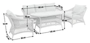 White wicker outdoor sofa set with dimensions, perfect for patio or garden seating