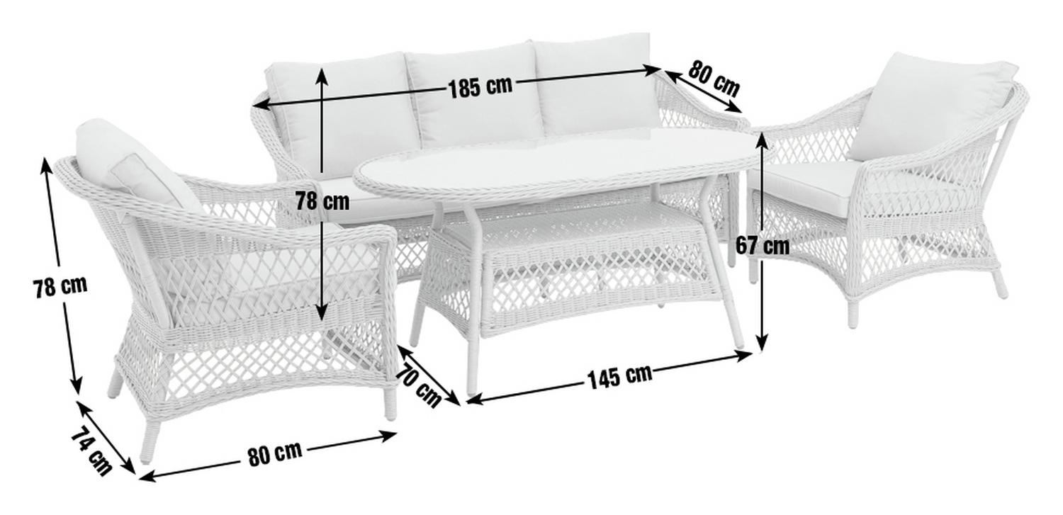 White wicker outdoor sofa set with dimensions, perfect for patio or garden seating