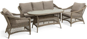 Wicker outdoor sofa set with glass table and beige cushions for patio or garden seating
