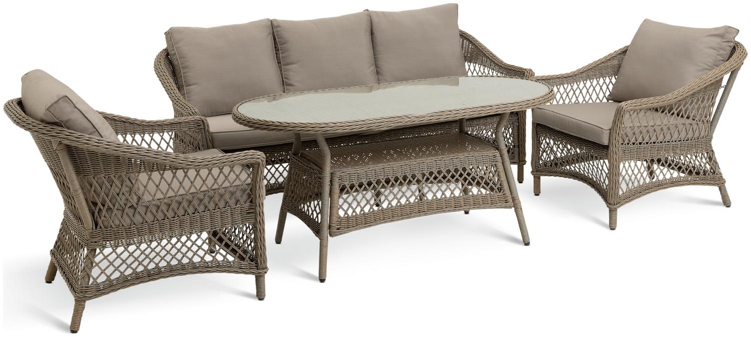 Wicker outdoor sofa set with glass table and beige cushions for patio or garden seating