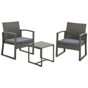 Grey wicker outdoor patio set with two armchairs and glass-top side table, perfect for garden seating