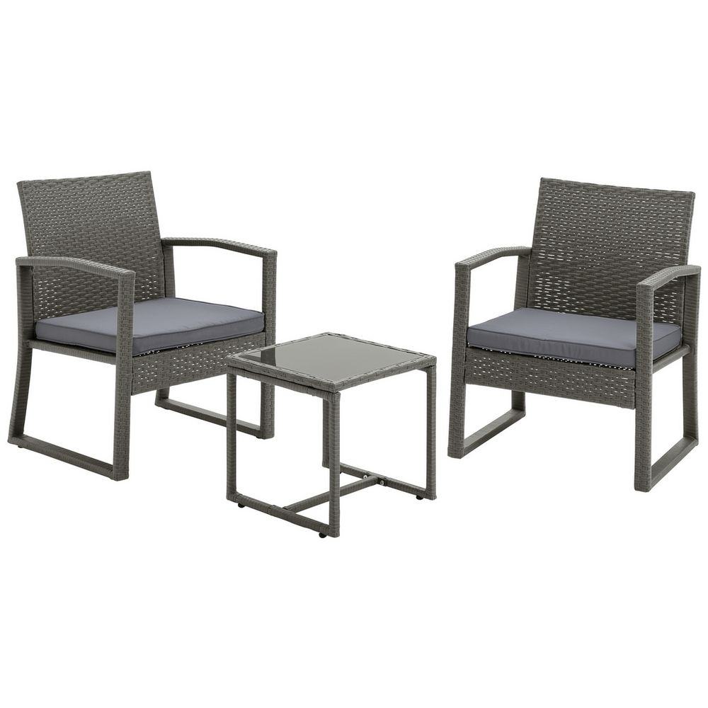 Grey wicker outdoor patio set with two armchairs and glass-top side table, perfect for garden seating