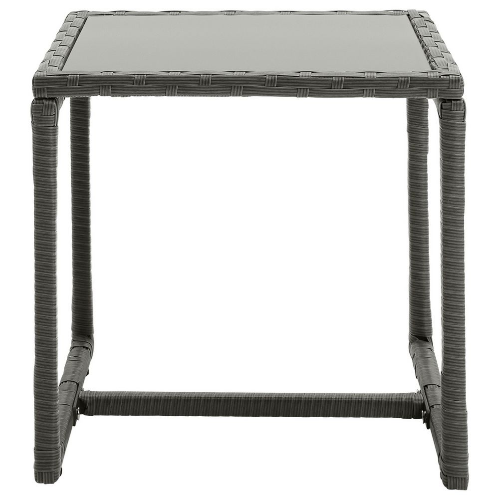 Grey woven wicker side table with glass top, modern outdoor furniture