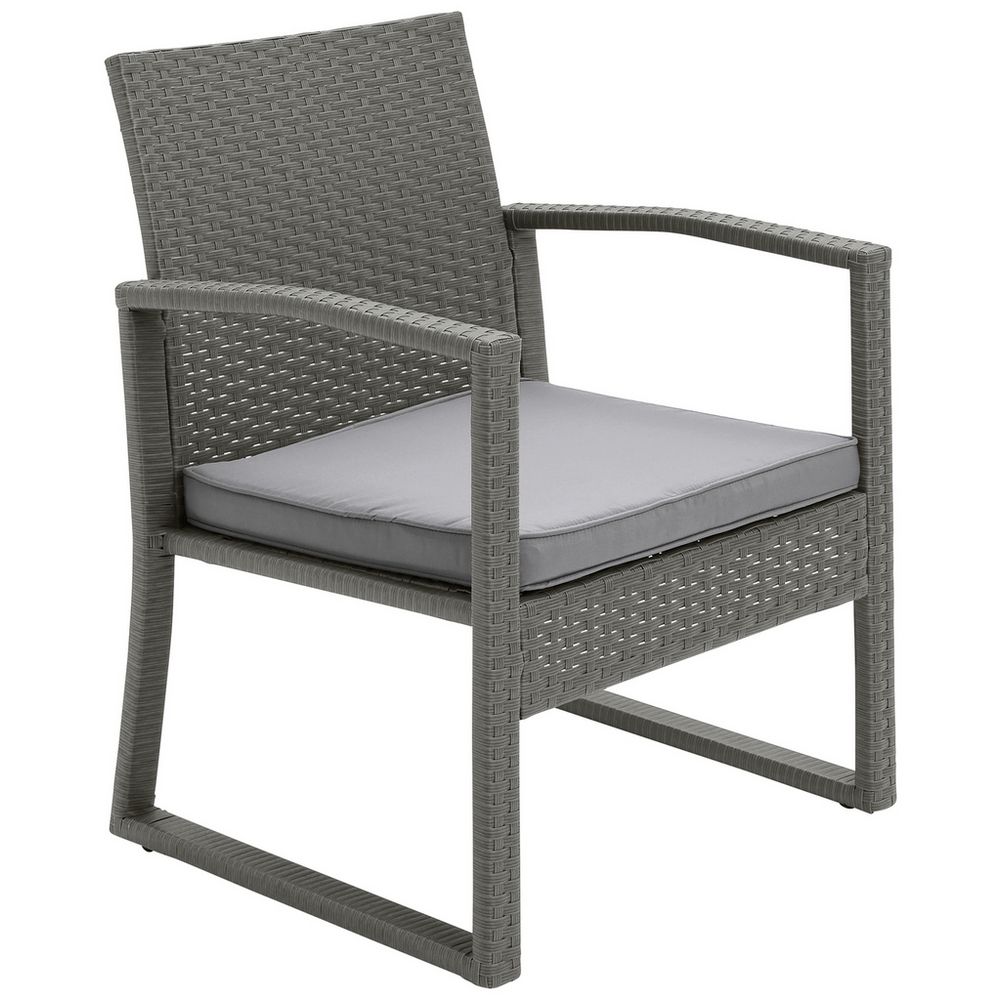 Grey wicker outdoor armchair with cushion, perfect for patio or garden seating