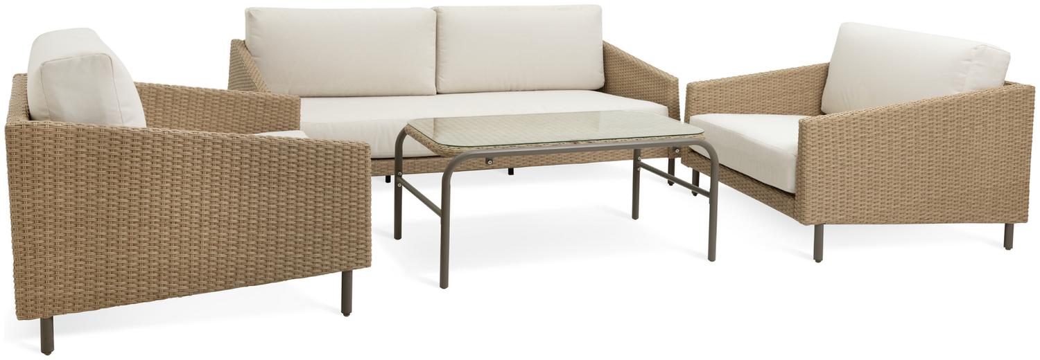 Wicker outdoor sofa set with cream cushions and glass-top table, perfect for patio or garden seating.