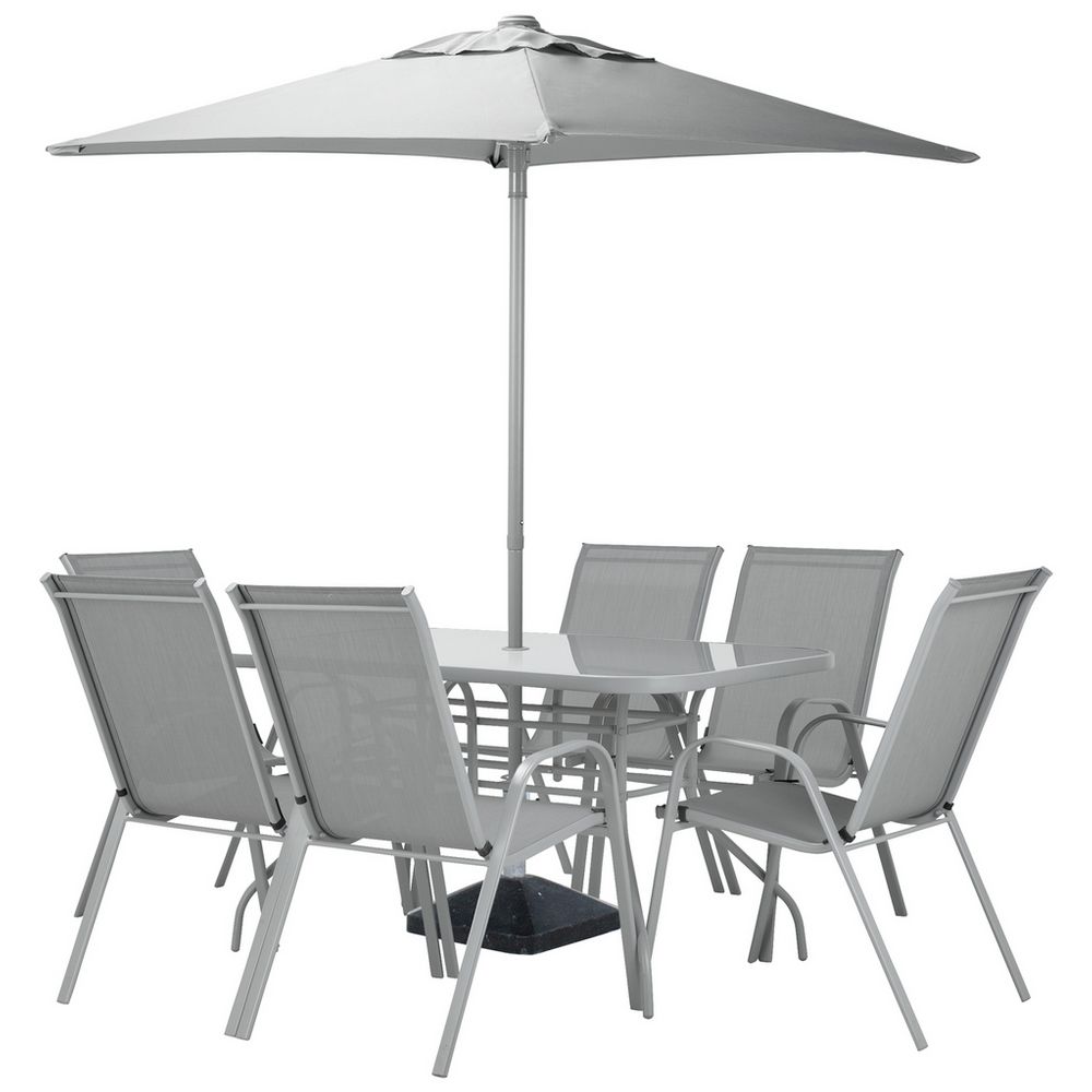 Grey outdoor dining set with 6 chairs, glass table, and large patio umbrella for garden or patio use