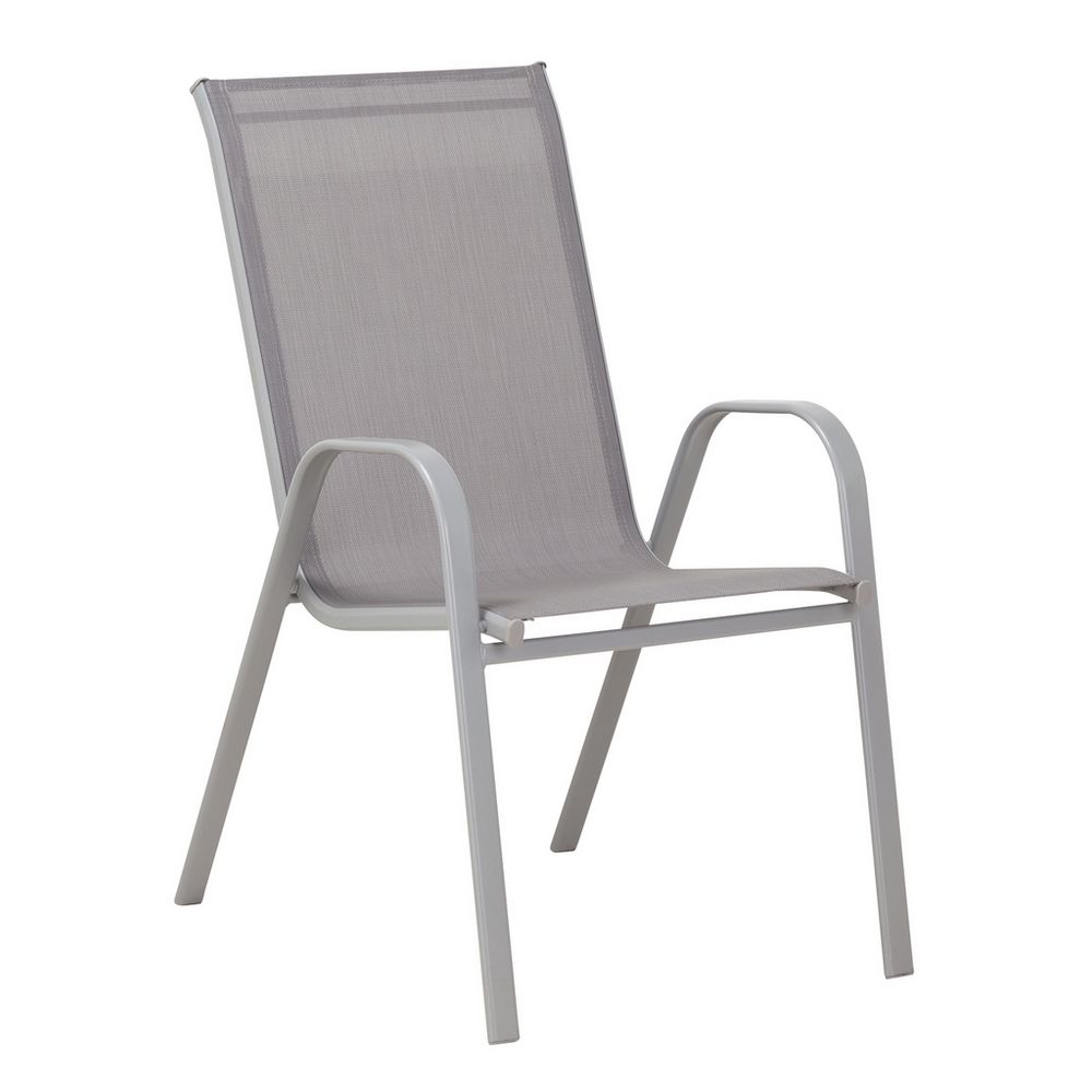 Modern gray mesh patio chair with aluminum frame, perfect for outdoor seating and garden furniture