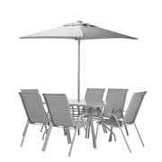 Modern grey outdoor dining set with 6 chairs, table, and large patio umbrella for garden or patio use