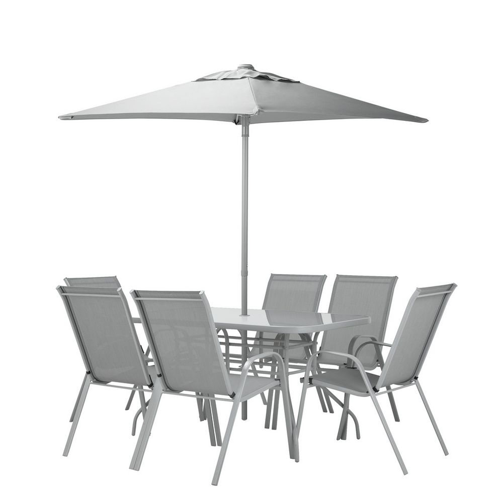 Modern grey outdoor dining set with 6 chairs, table, and large patio umbrella for garden or patio use