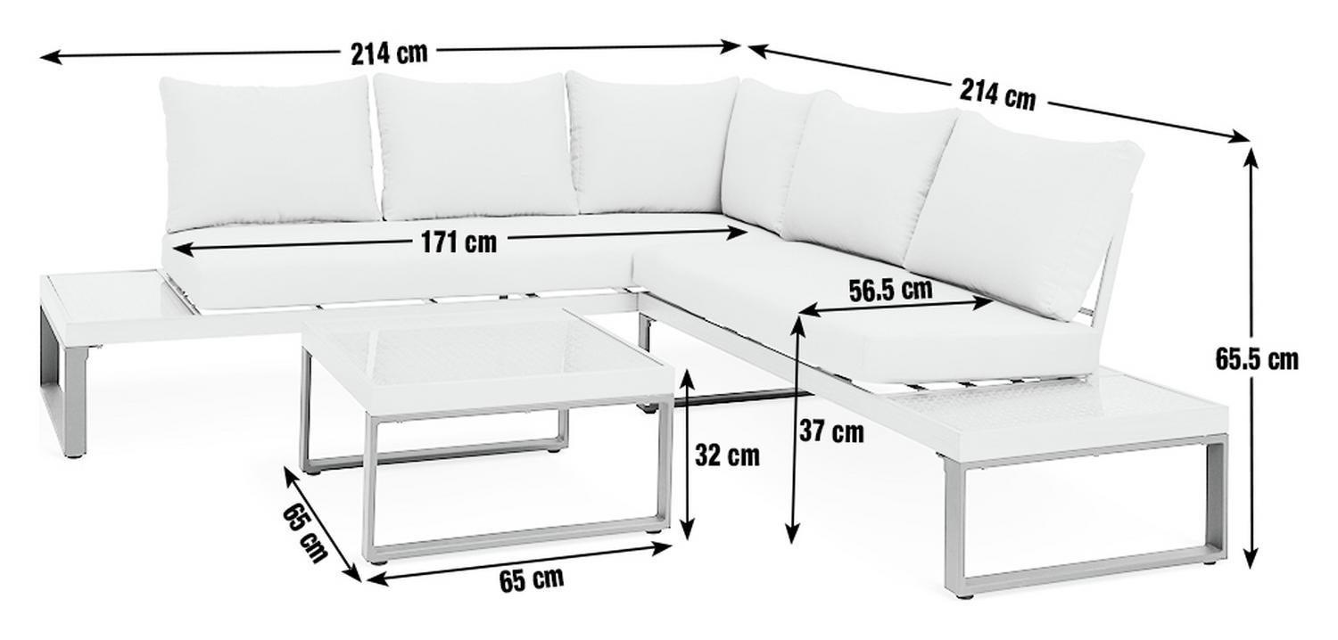 White L-shaped sectional sofa with dimensions, modern metal frame, matching coffee table for luxury living room