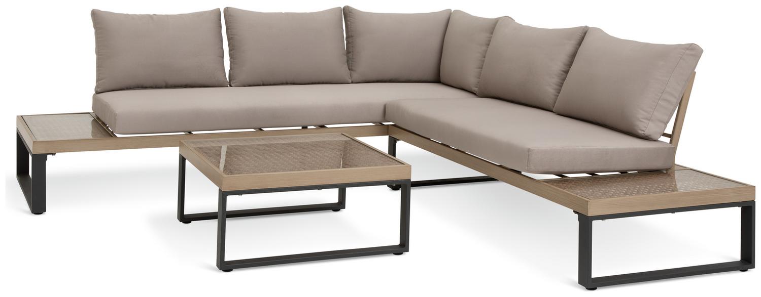 Modern outdoor sectional sofa with beige cushions and matching coffee tables, perfect for luxury patio furniture.