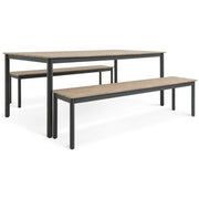 Modern dining table with matching benches, wood top and black metal legs, ideal for contemporary homes
