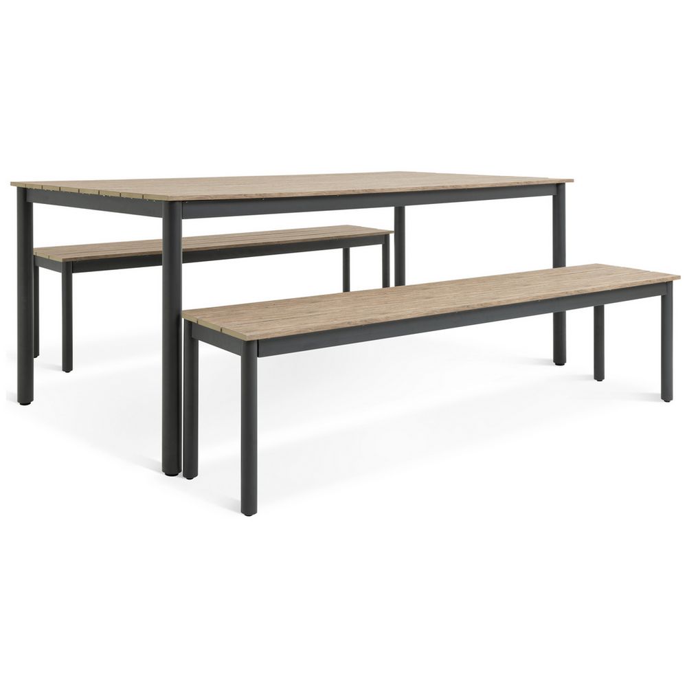 Modern dining table with matching benches, wood top and black metal legs, ideal for contemporary homes