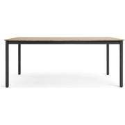 Modern dining table with light wood top and black metal legs, minimalist design for contemporary homes