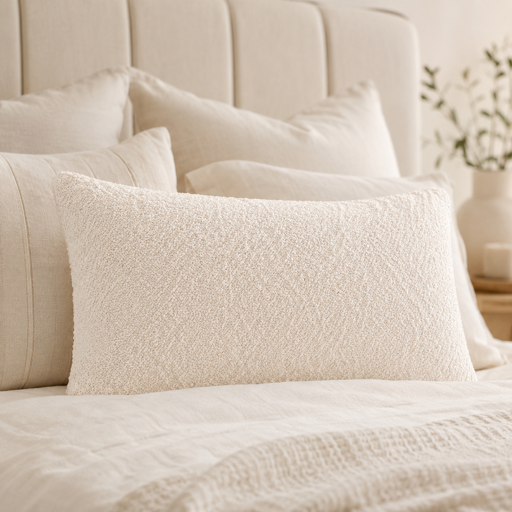 Cream textured lumbar pillow on luxury bed with tufted headboard, cozy bedroom decor