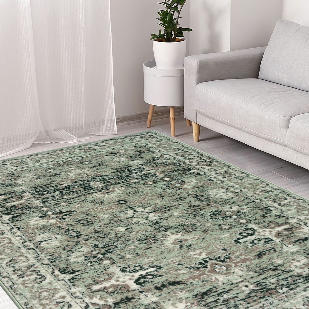 Vintage-style green area rug with distressed pattern in modern living room