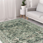 Vintage-style green area rug with distressed pattern in modern living room