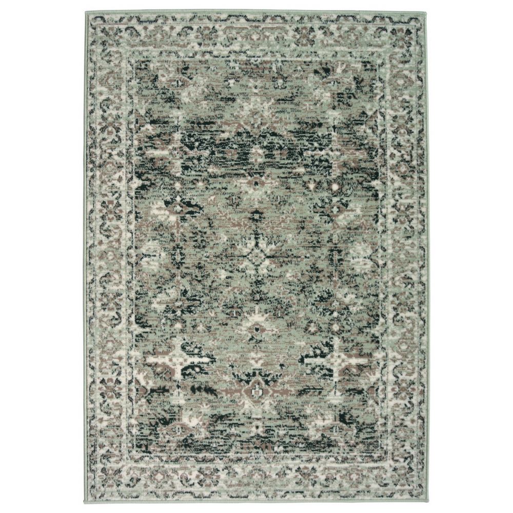 Vintage-style area rug with distressed floral pattern in sage green and charcoal, perfect for living room decor.