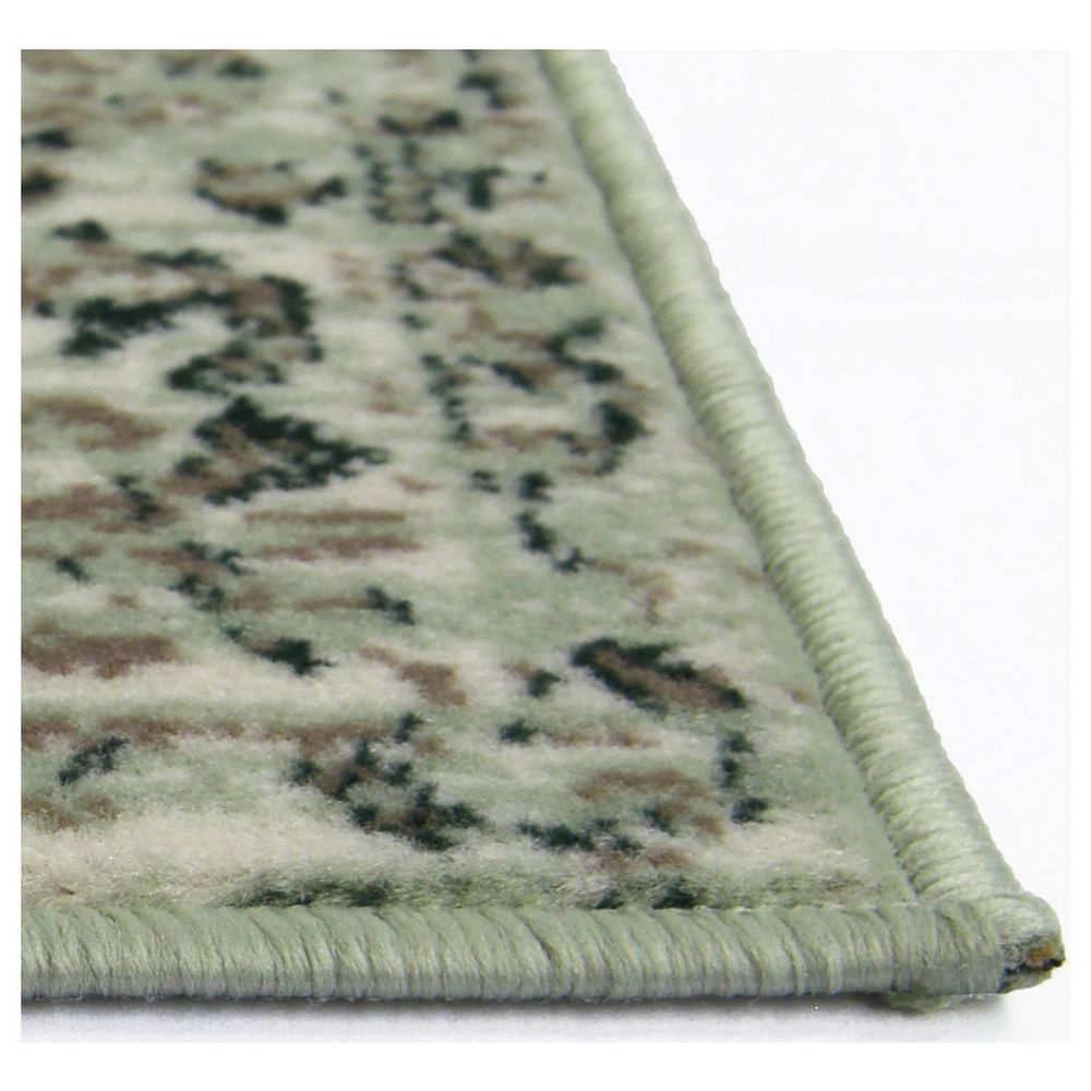 Green patterned area rug with braided edge, ideal for living room or bedroom decor